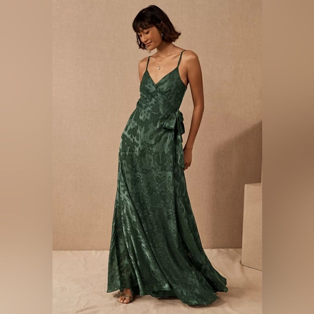 Anthropologie Emerald Green Satin Maxi Dress